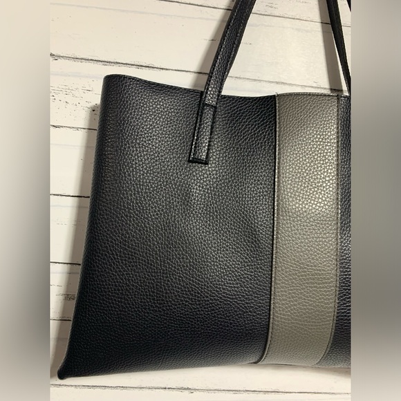 Vince Camuto Black Pebbled Leather Tote Bag with Gray Stripe, 16”x11”x0.5”, 9” - Picture 3 of 11